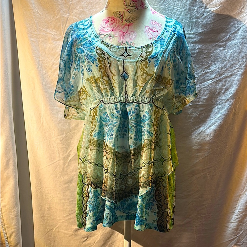 Emerge World Wear Blue Green Blouse M